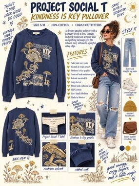 Project Social T Navy Crewneck Pullover with Mustard & Cream Mushroom Art